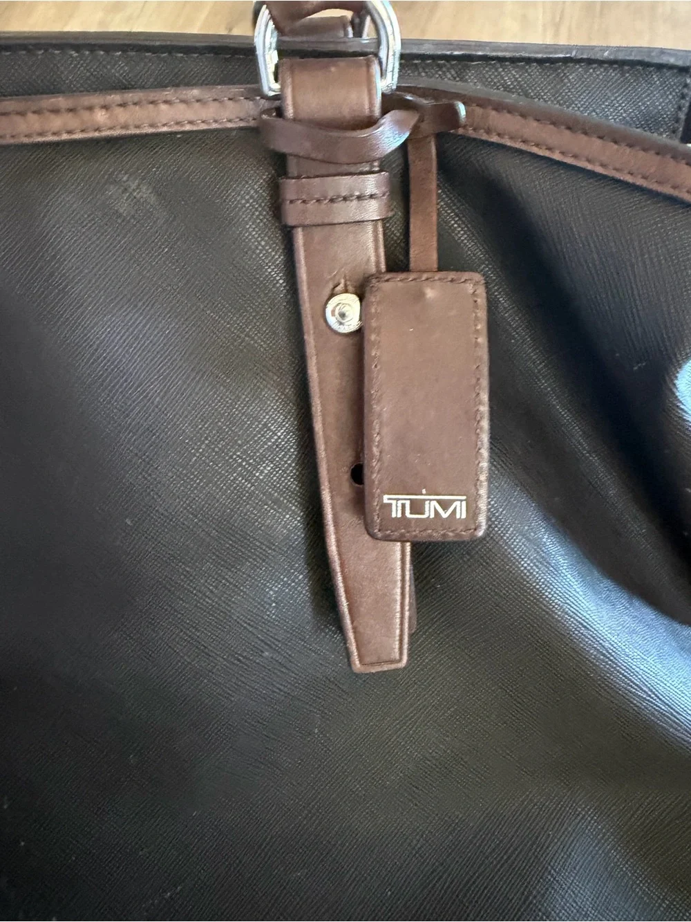 Tumi Dark Brown Leather Messenger Tote with Top Handles